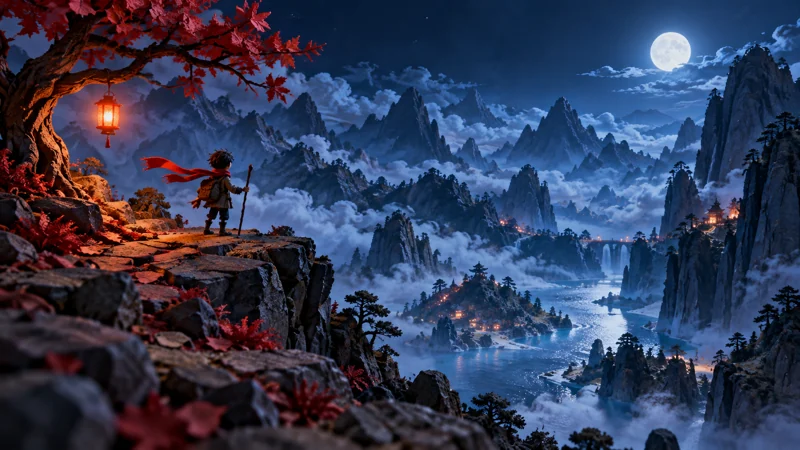 Cena de animação artesanal: pequeno explorador com cachecol vermelho contempla um vale de montanhas sob a lua