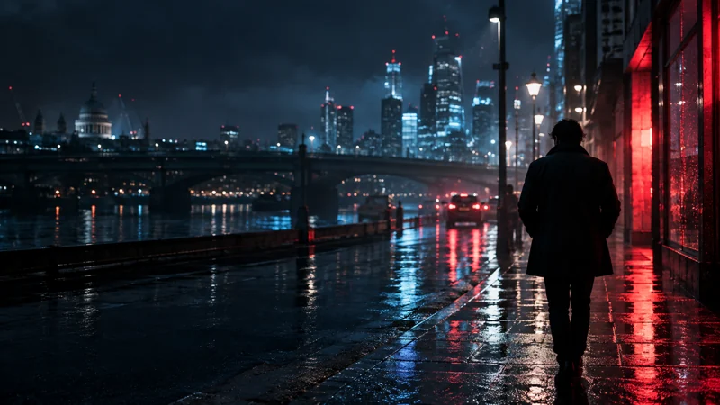 Imagem cinematográfica realista de uma pessoa caminhando na cidade à noite, iluminada em vermelho e azul